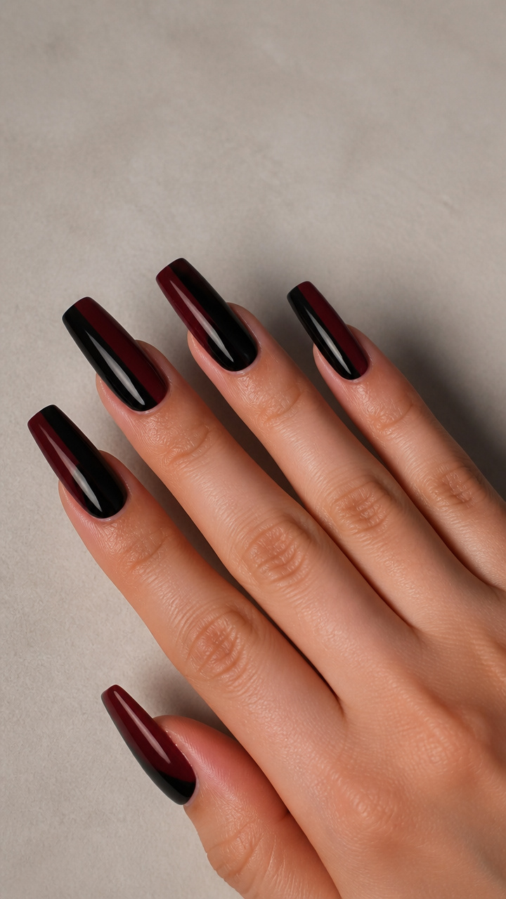 Sharp Coffin Shaped Nails in Split Burgundy and Black