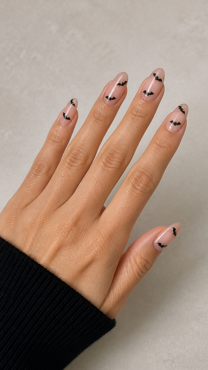 Sheer Nude with Floating Black Bat Silhouettes