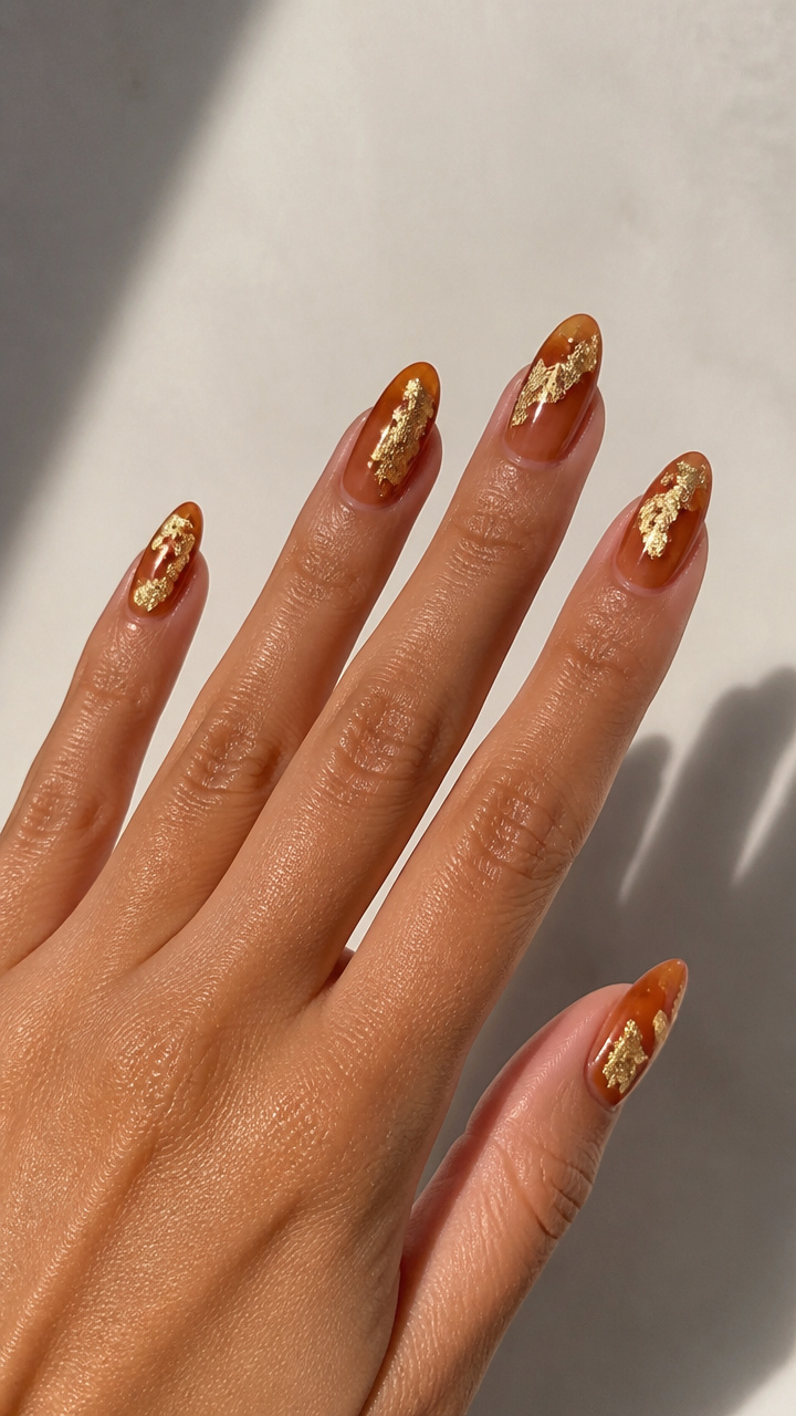Sheer Rust Orange Nails with Bold Gold Foil Chunks