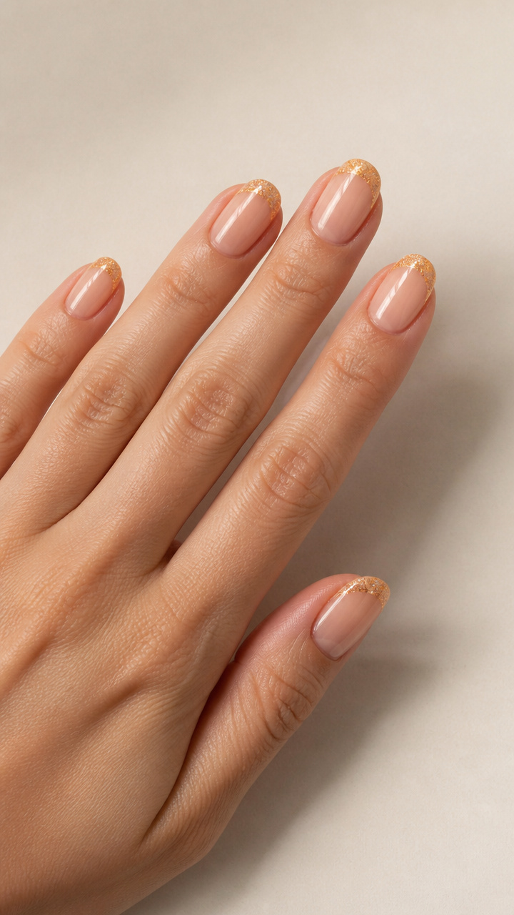 Shimmering Honey Gold French Tips with Micro Glitter