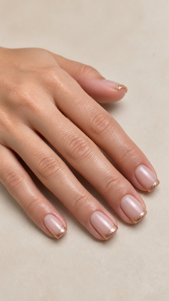 Shimmering Rose Gold French Tips on Short Square Nails