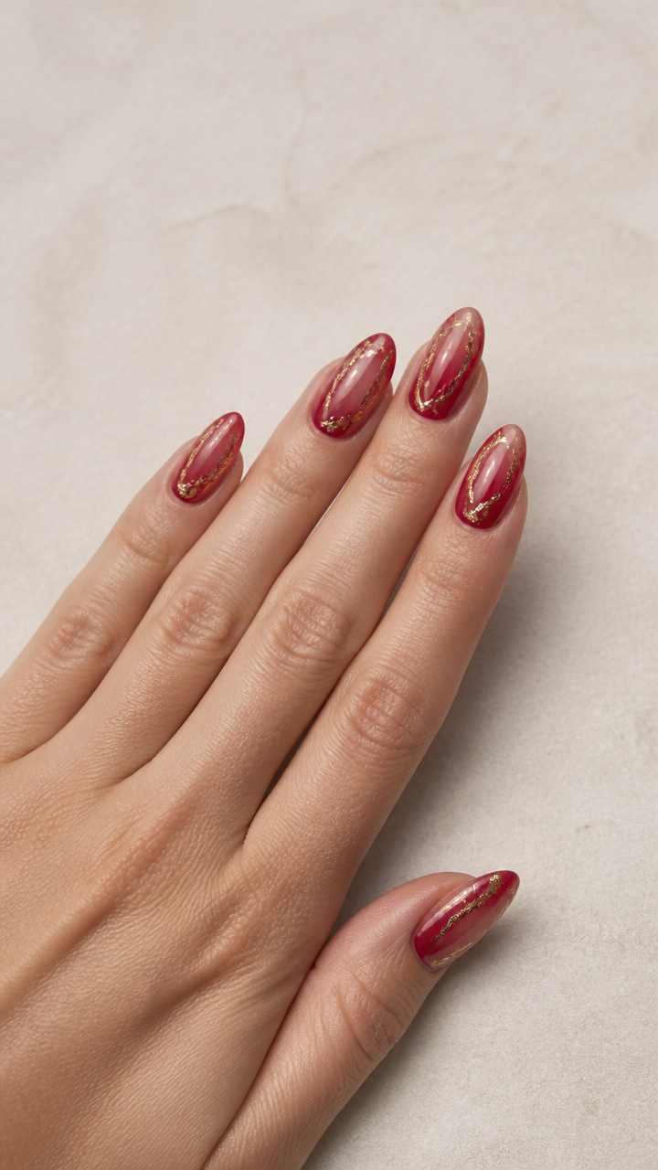 Shimmering Ruby Ombré with Metallic Gold Foil Swirls