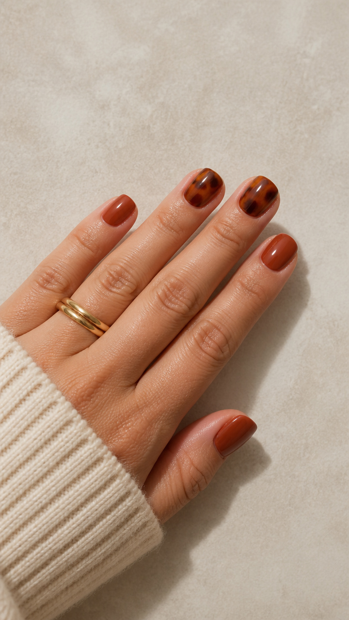 Short Squoval Nails in Rust and Brown Tortoise