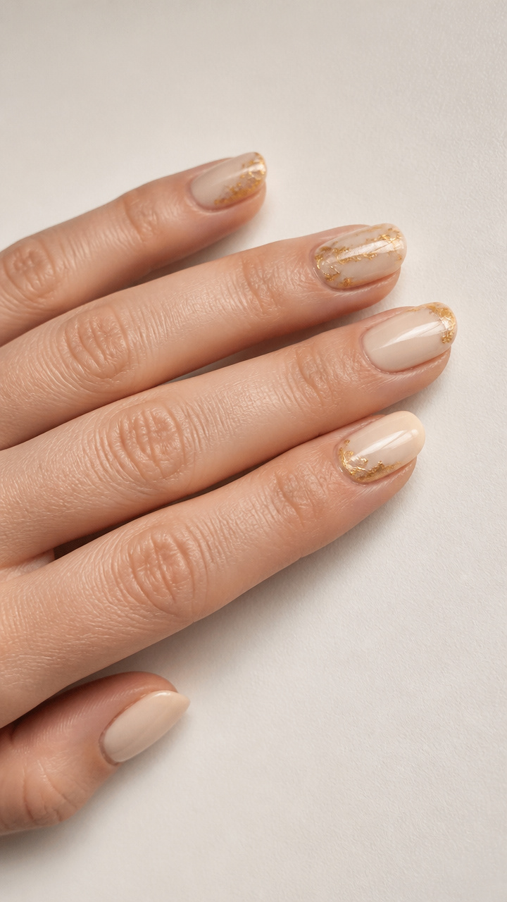 Silk Cream Nails with Delicate Gold Leaf Accents