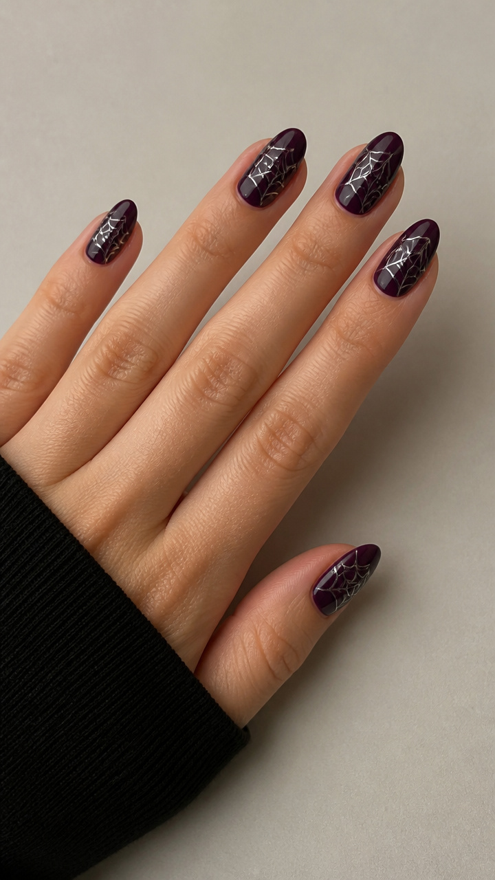 Silver Chrome Spiderwebs on Deep Plum Base