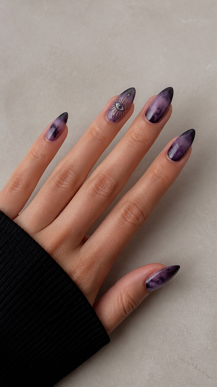 Smoky Purple Almond Nails with Glowing Third Eye Detail