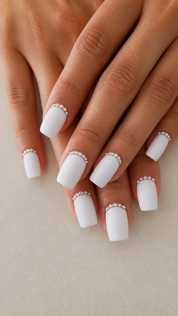 Snow White Square Nails with Rhinestone Half Moons