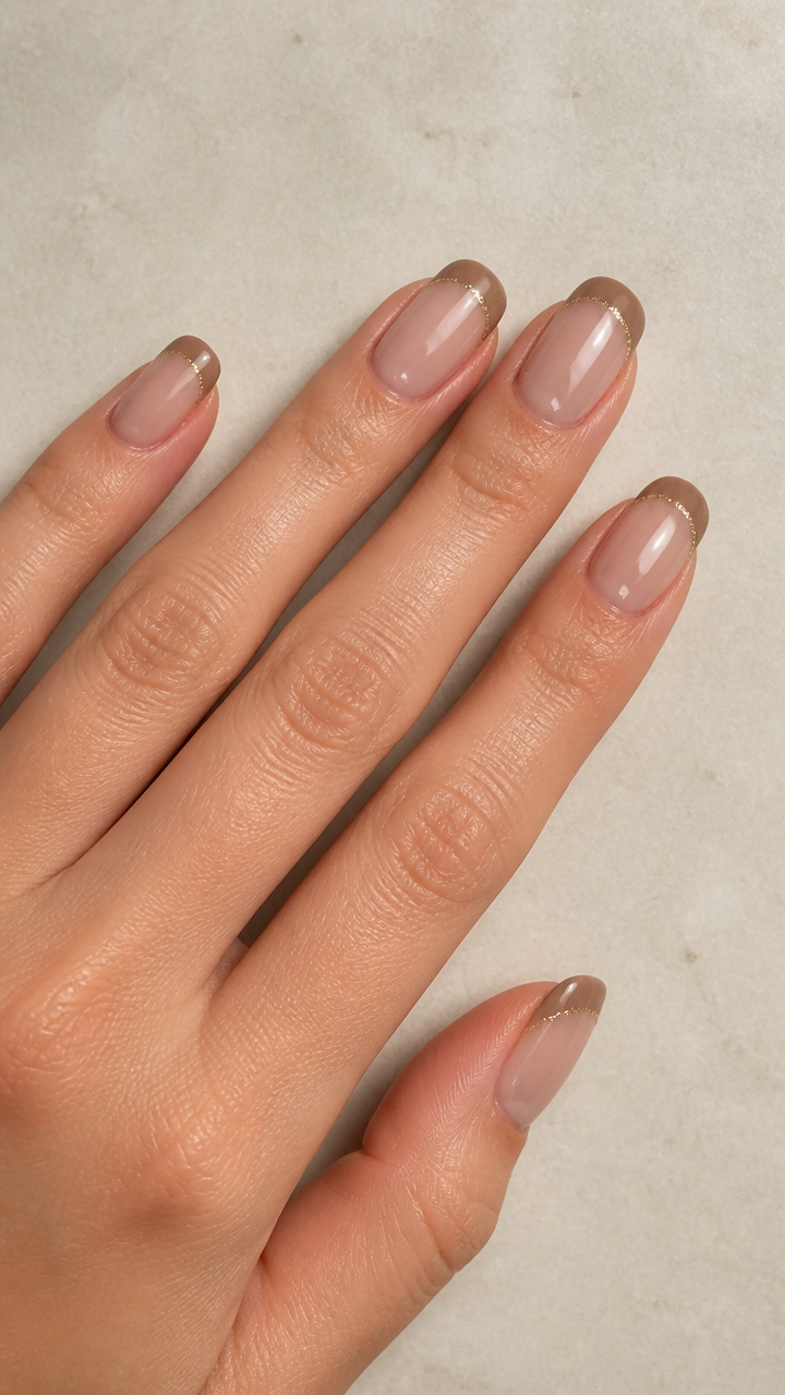 Soft Mocha French Manicure with Pearlized Gold Dust