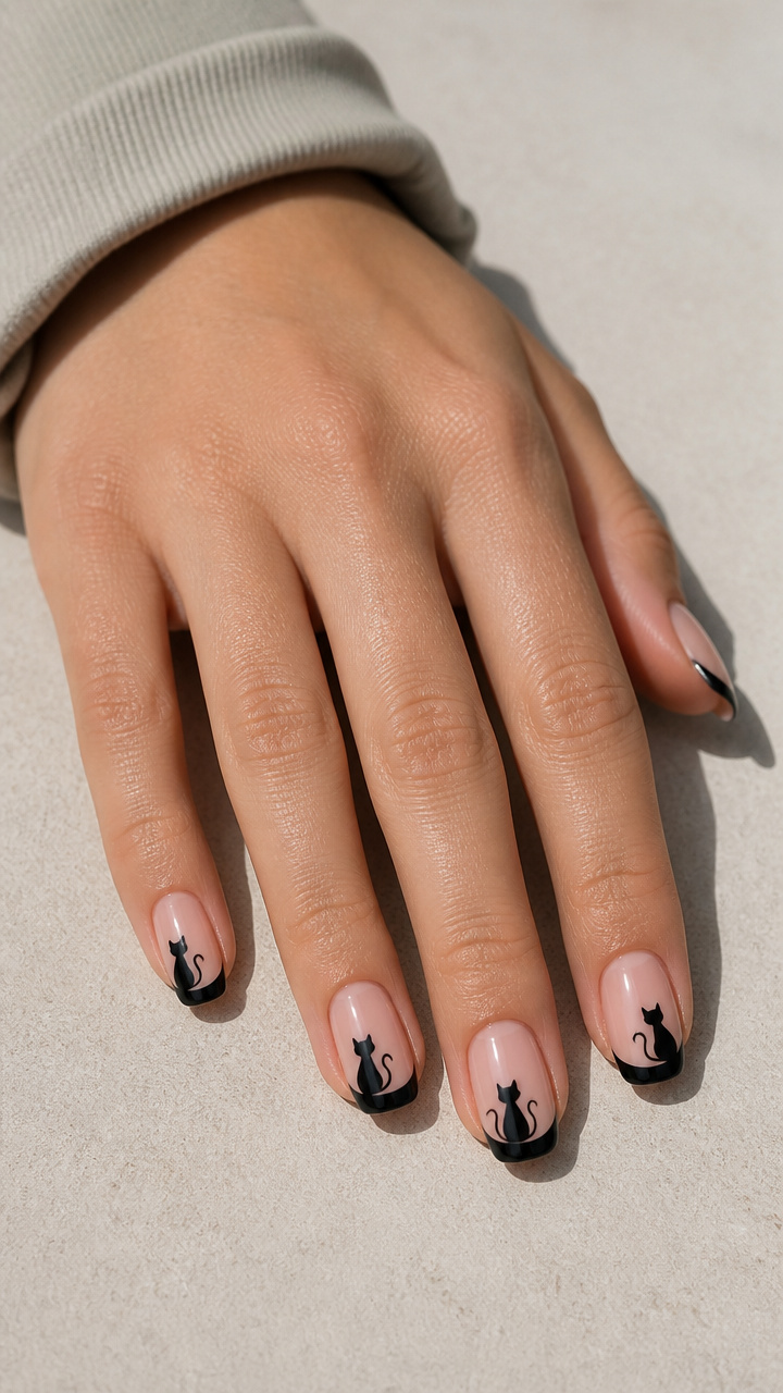 Soft Nude French Tips with Black Cat Silhouettes
