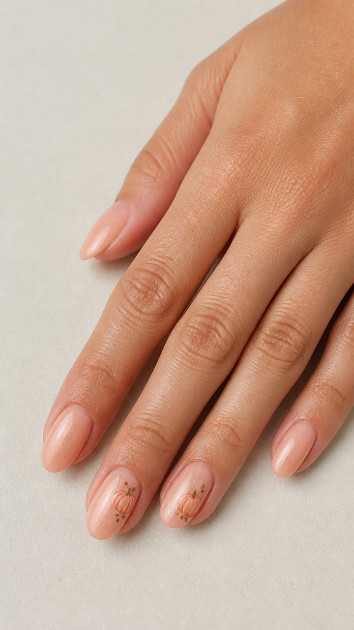 Soft Peach Blush Nails with Tiny Pumpkin Embellishments