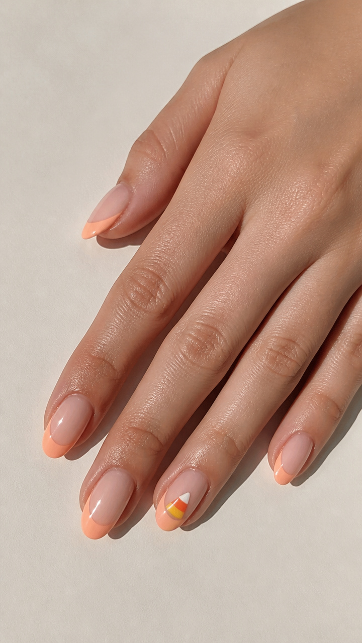 Soft Peach Fuzz French Tips with Minimalist Candy Corn Triangles
