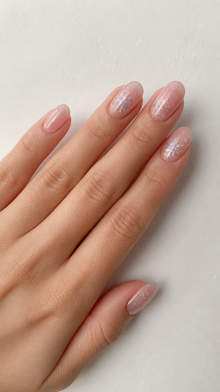 Soft Pink Blush Nails with Holographic Snowflake Charms