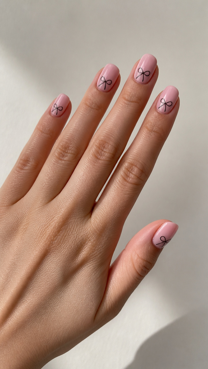 Soft Pink Squoval Nails with Minimalist Black Outline Bows