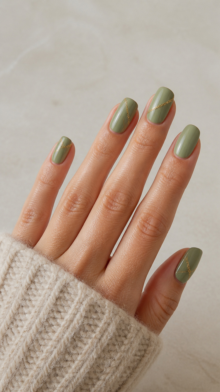 Soft Sage Green Nails with Delicate Gold Chain Pattern