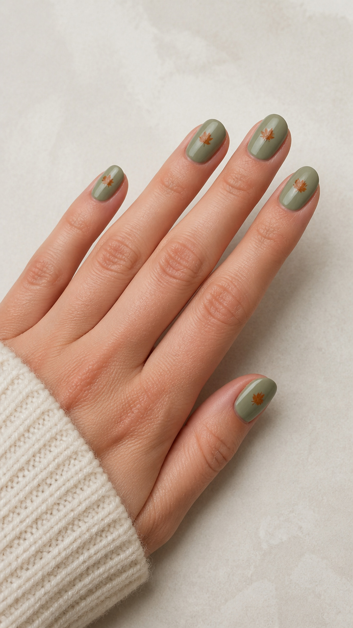 Soft Sage Green Nails with Tiny Maple Leaf Stencils