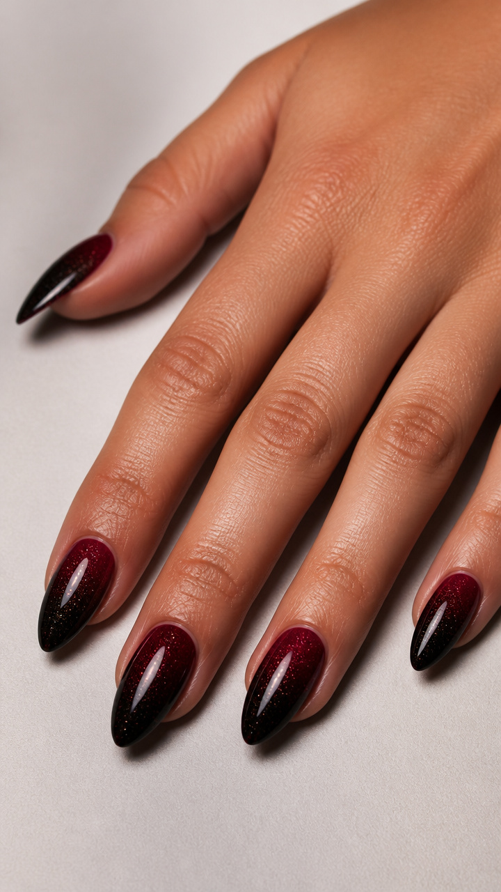 Sparkling Burgundy Ombre Fade onto Midnight Black
