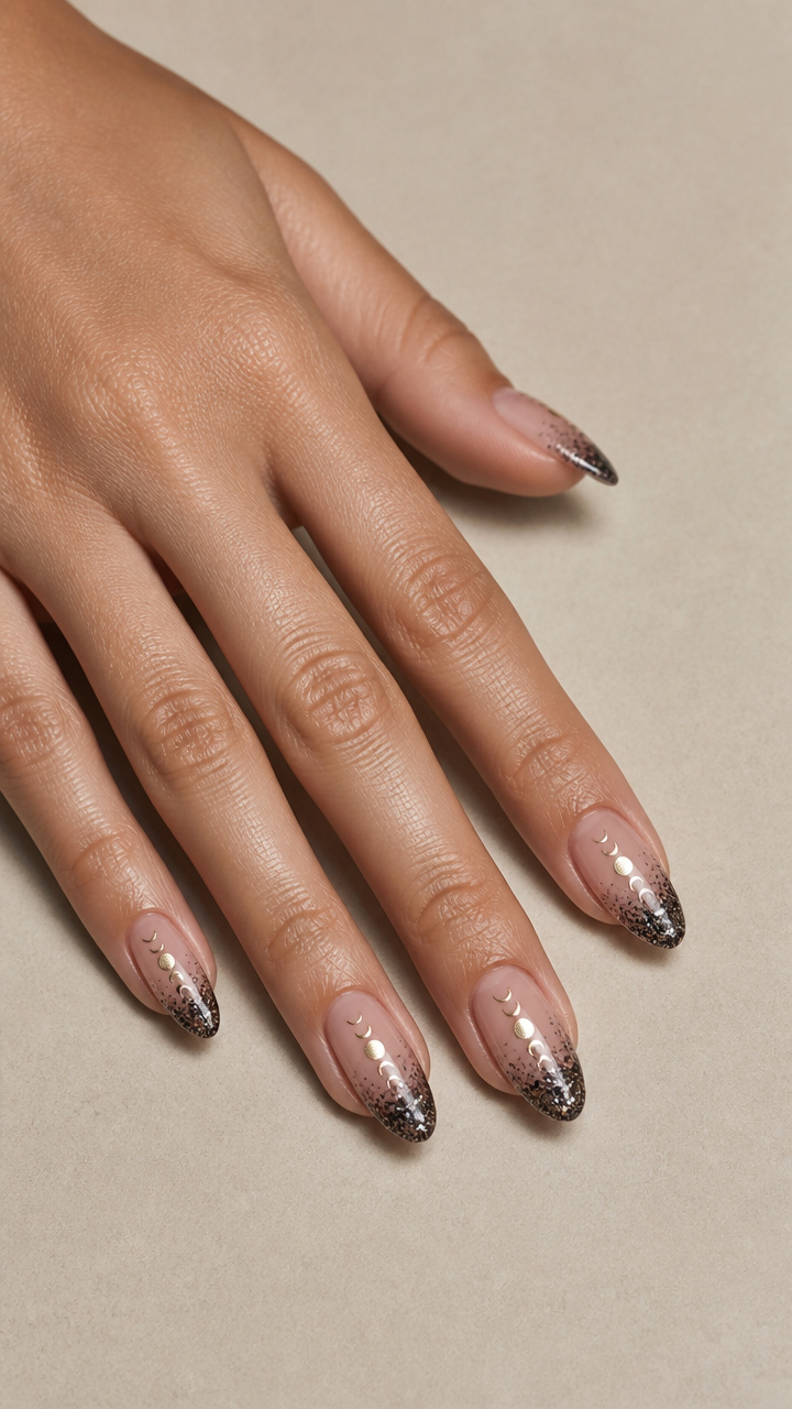 Sparkling Glitter Gradient French Tips with Lunar Moon Phases