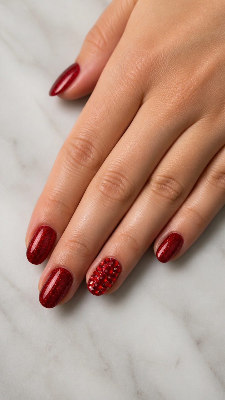 Sparkling Red Rhinestone Cluster Accent Nail