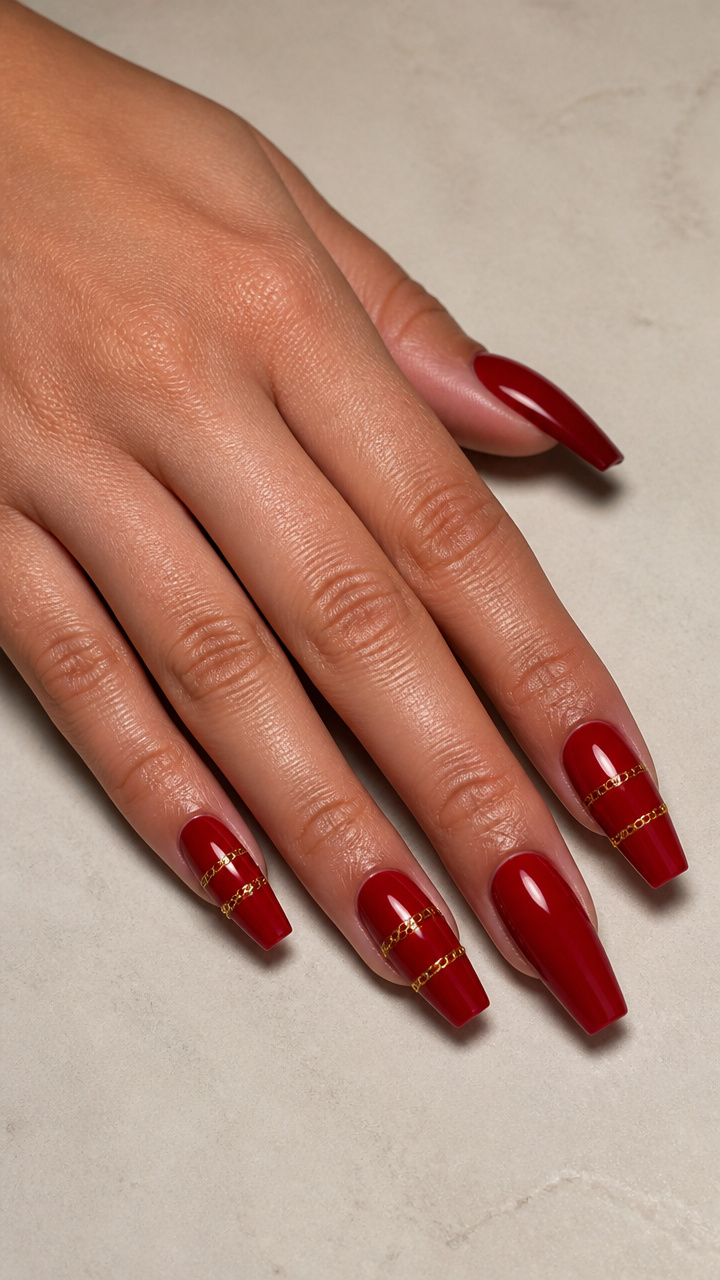Spiced Apple Red Glossy Coffin Nails with Tiny Gold Chain Motifs