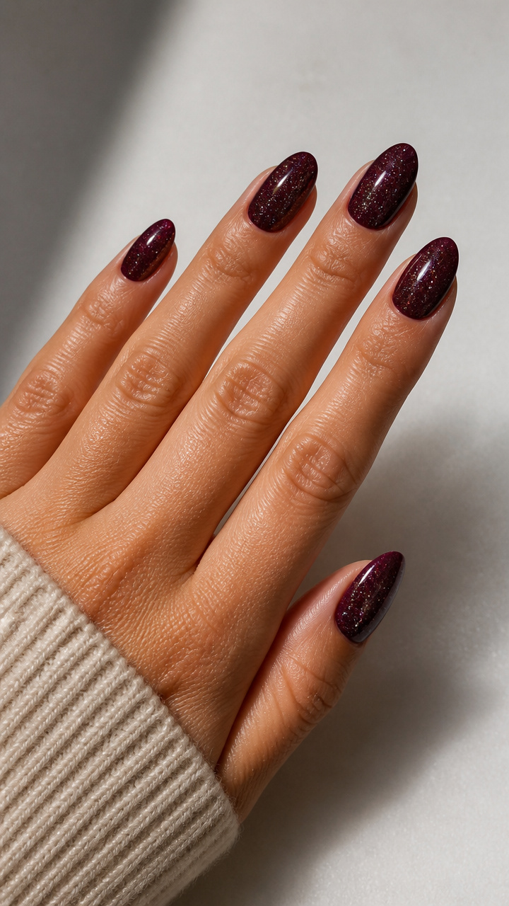 Spiced Mulled Wine Plum Almond Nails with Silver Holographic Dust
