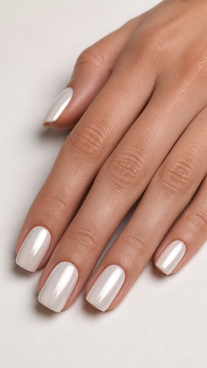 Squoval White Nails with Pearlized Finish