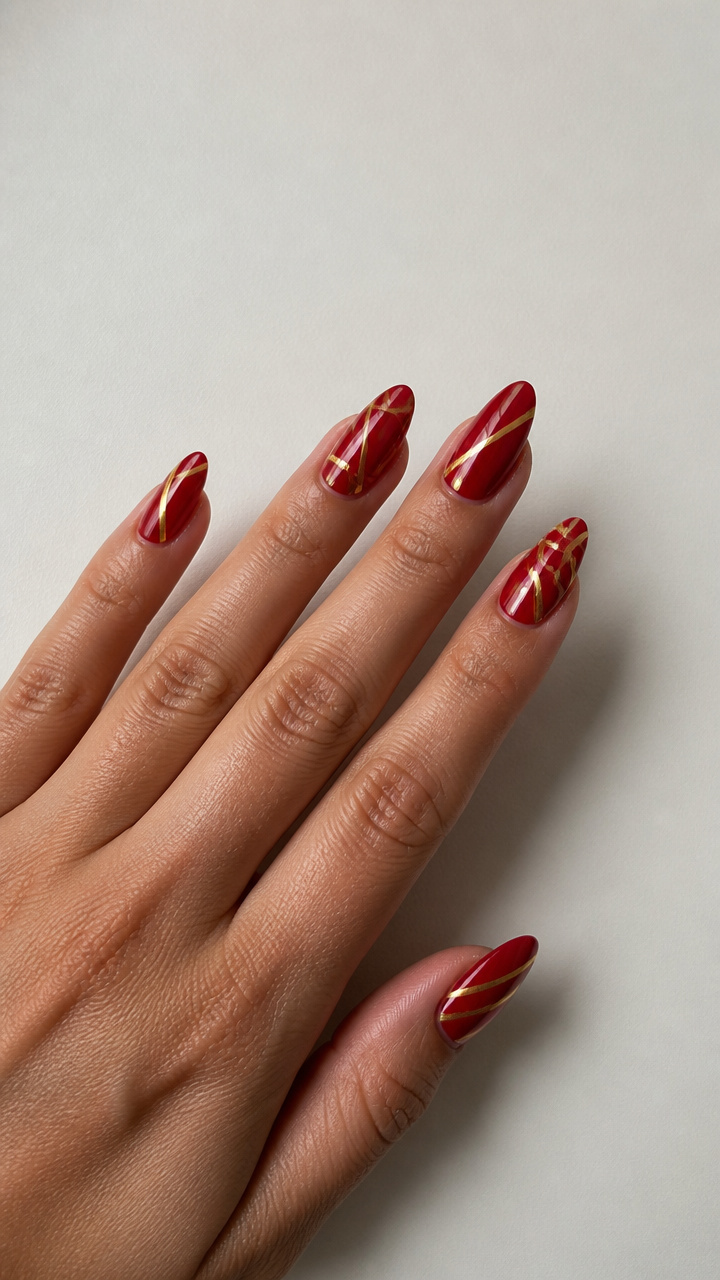 Structured Almond Nails Featuring Red and Gold Striping Tape