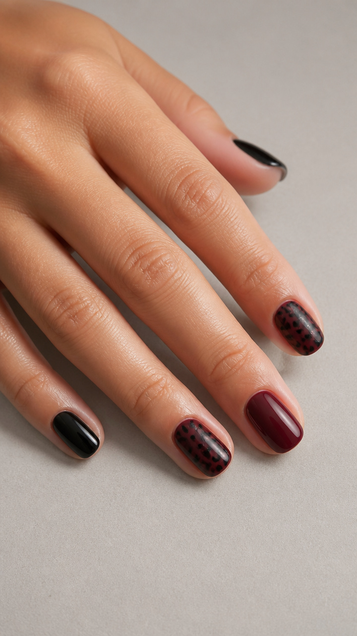 Subtle Black and Burgundy Leopard Print Accent Nails
