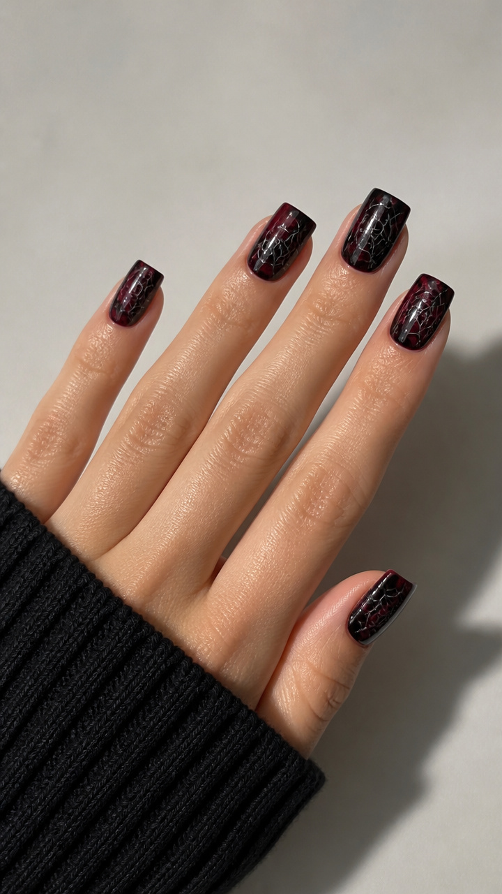 Swirled Oxblood and Black Spider Web Design on Square Nails