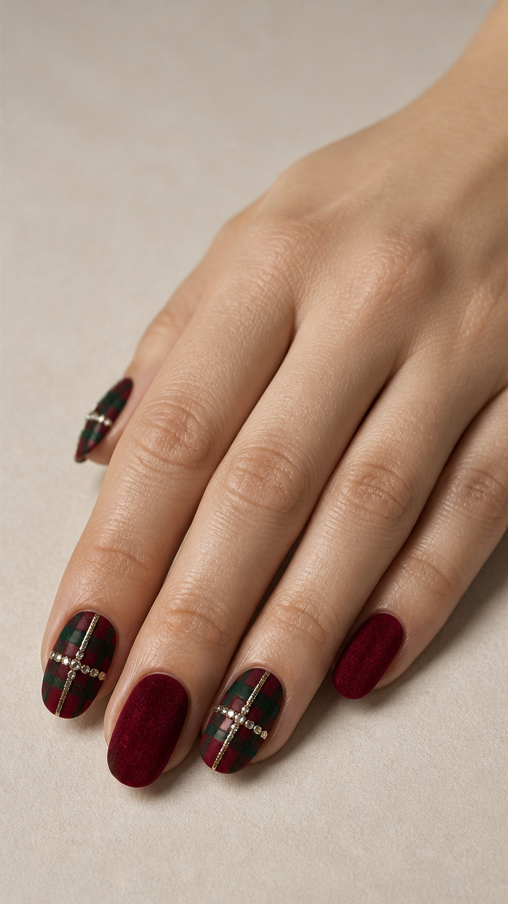 Tartan Plaid Velvet Nails with Rhinestone Crossbars