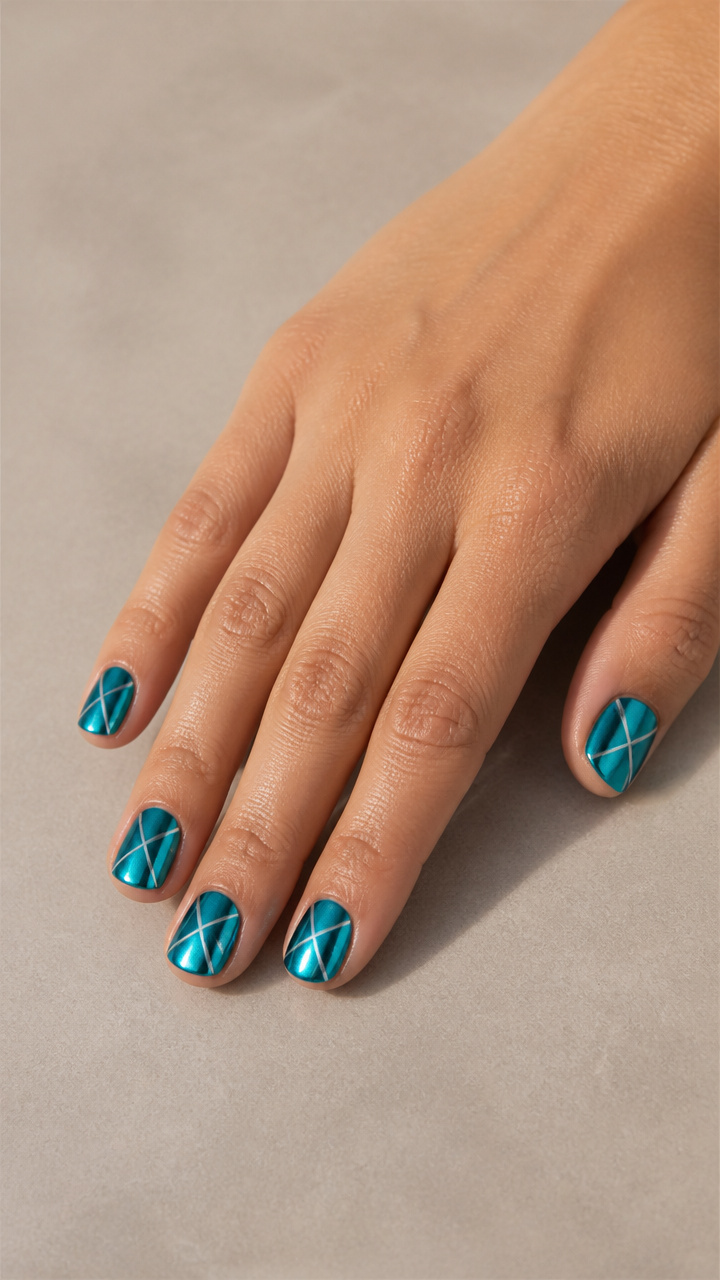 Teal Chrome Short Rounds with White Chrome Geometric Lines
