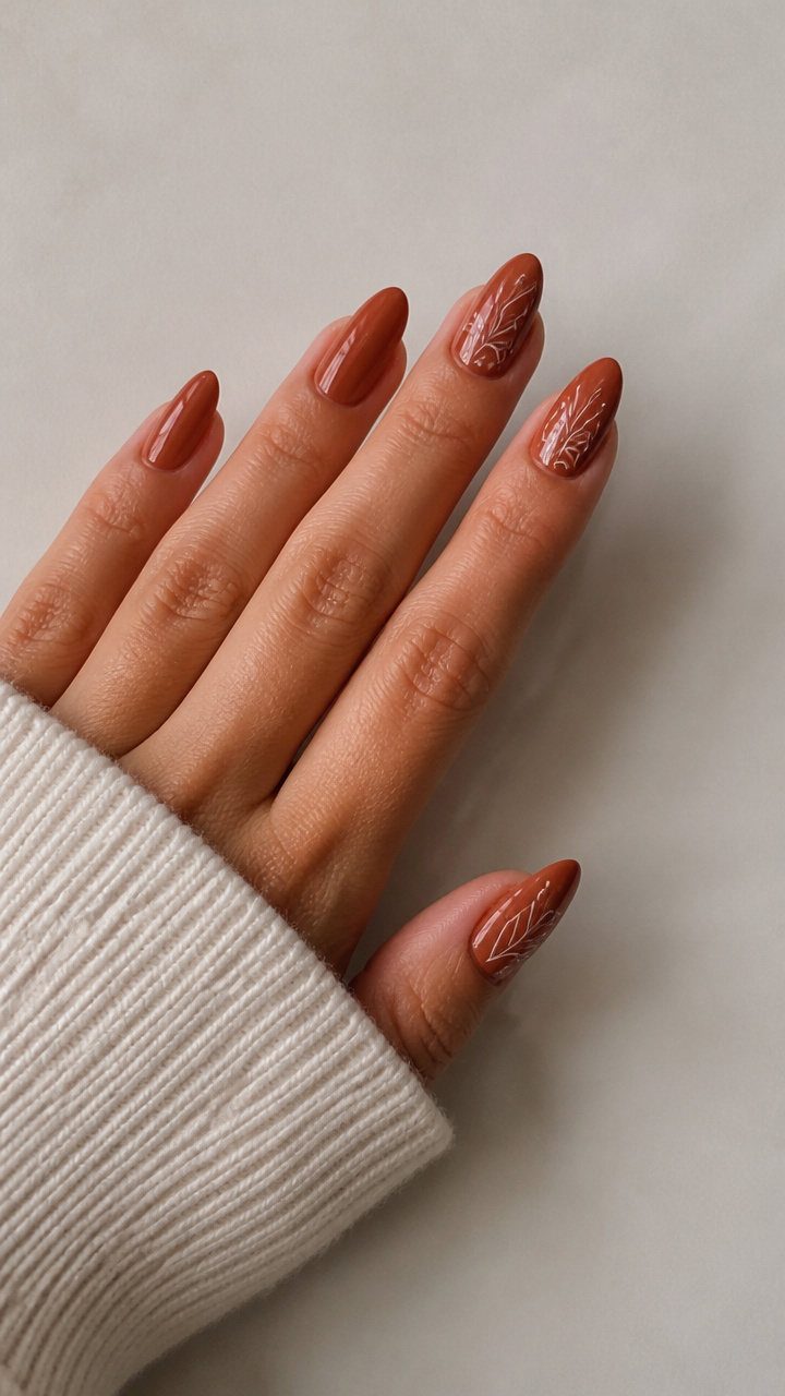 Terracotta Brown Almond Nails with Minimalist Line Art