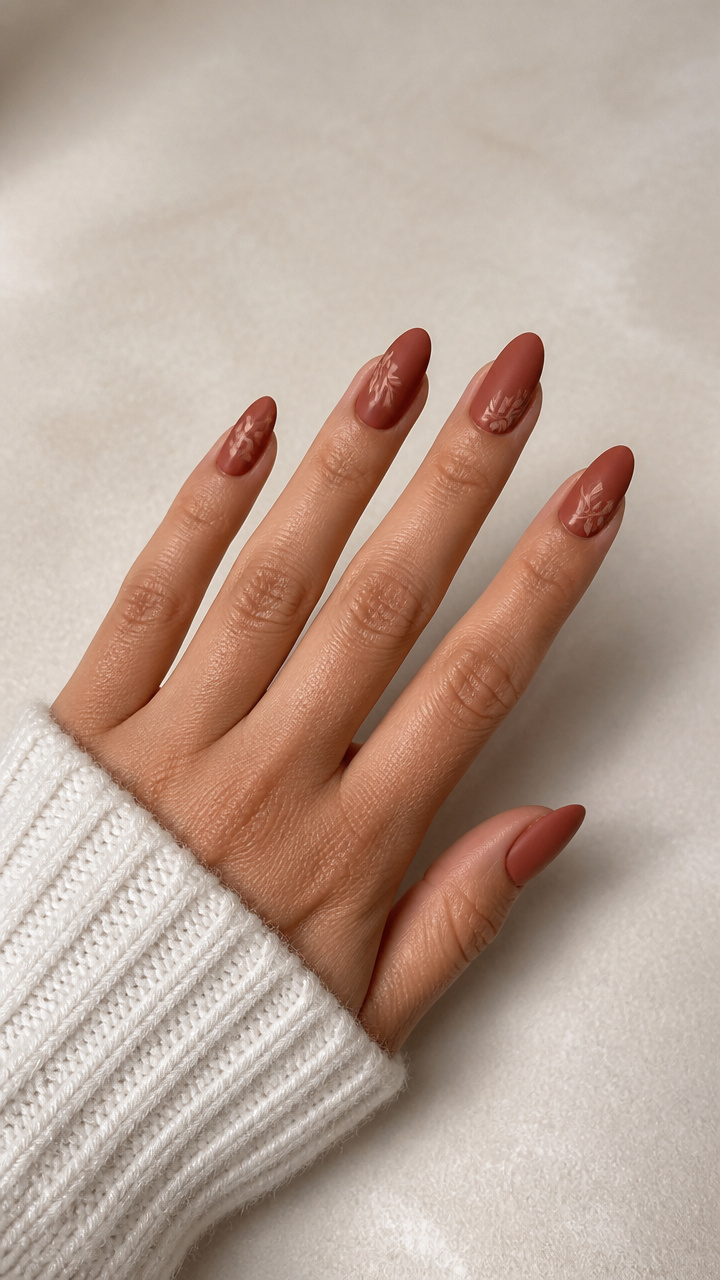 Terracotta Matte Almond Nails with Minimalist Leaf Stencils