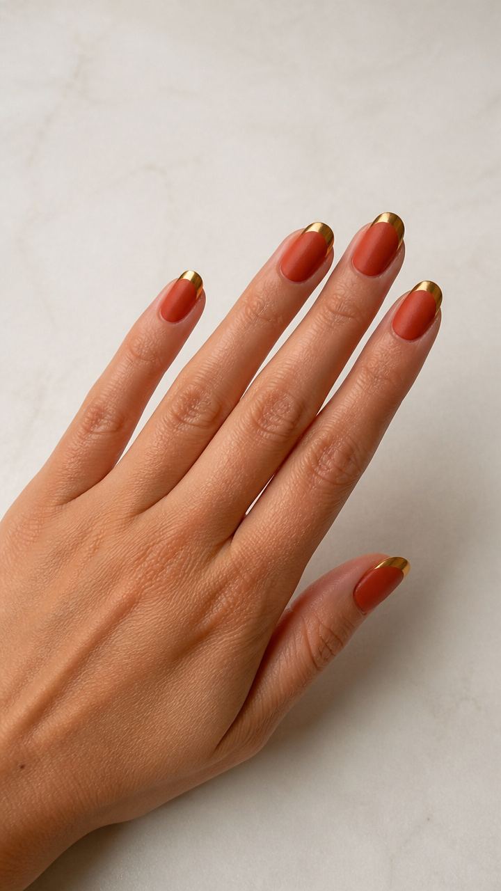 Terracotta Matte Nails with Metallic Gold Free Edges