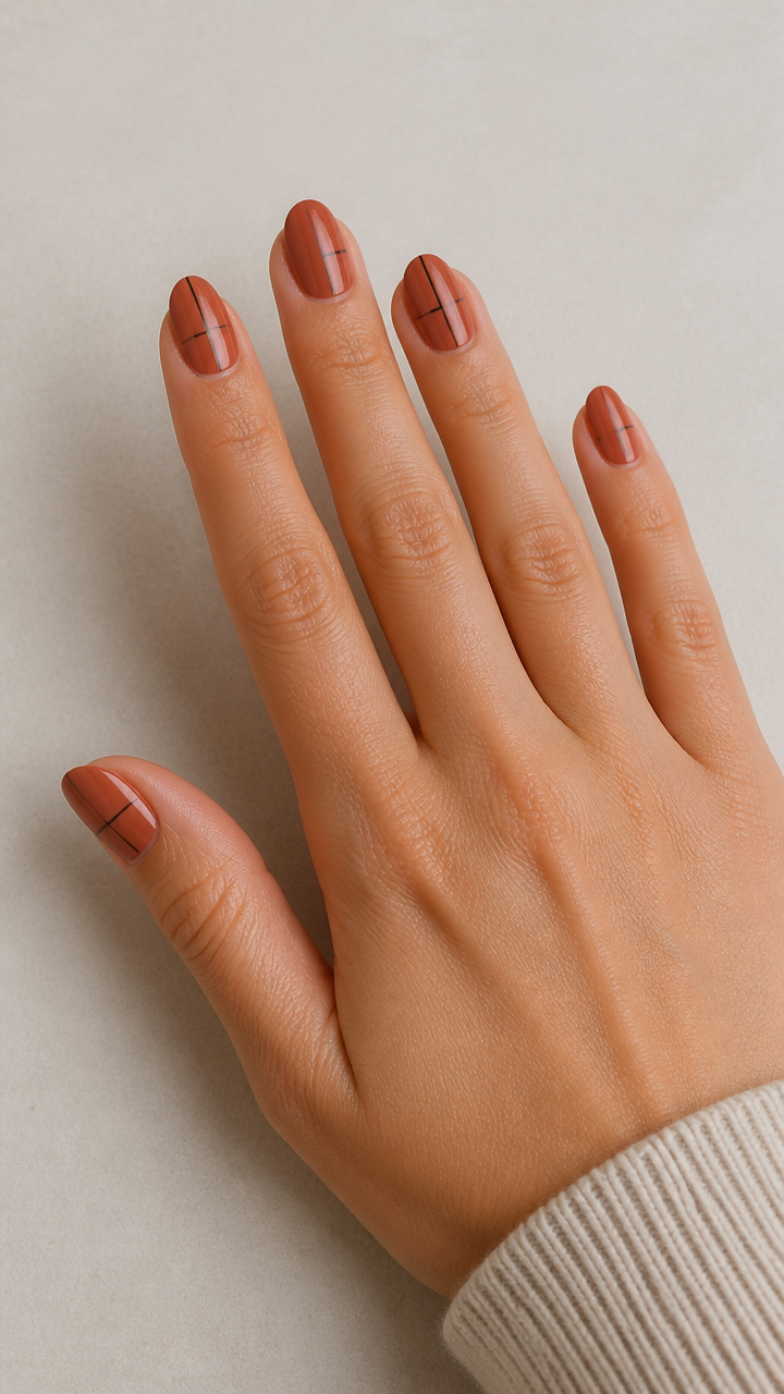 Terracotta Nails with Single Black Line Details