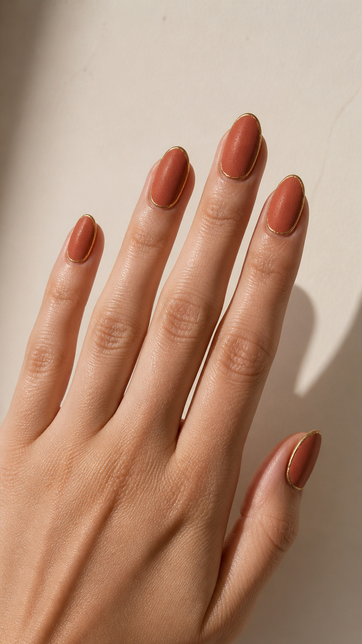 Terracotta Velvet Powder Nails with Gold Rim Detail