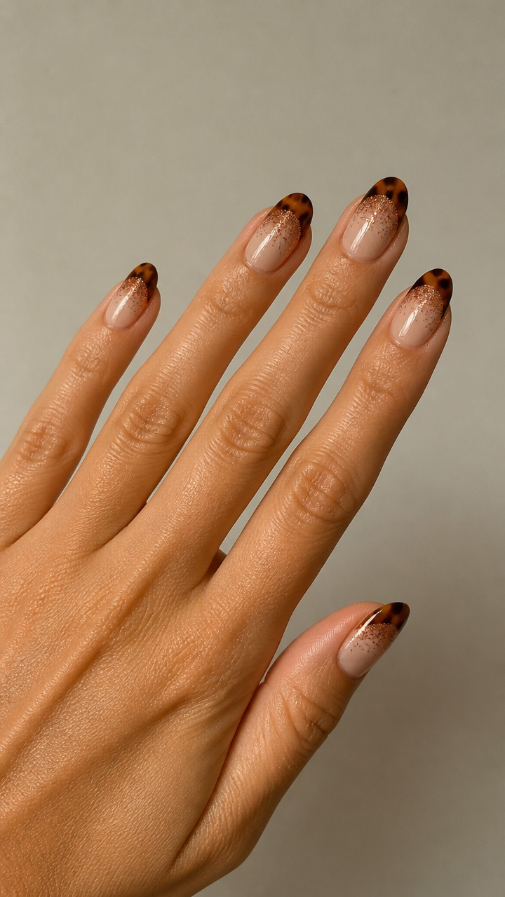 Tortoiseshell French Tips with Copper Glitter Fade