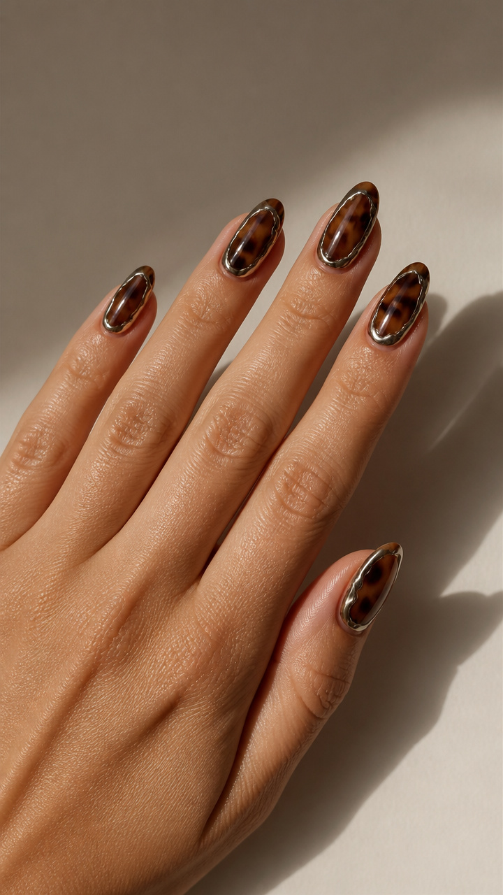 Tortoiseshell Marble Nails with Silver Chrome Details