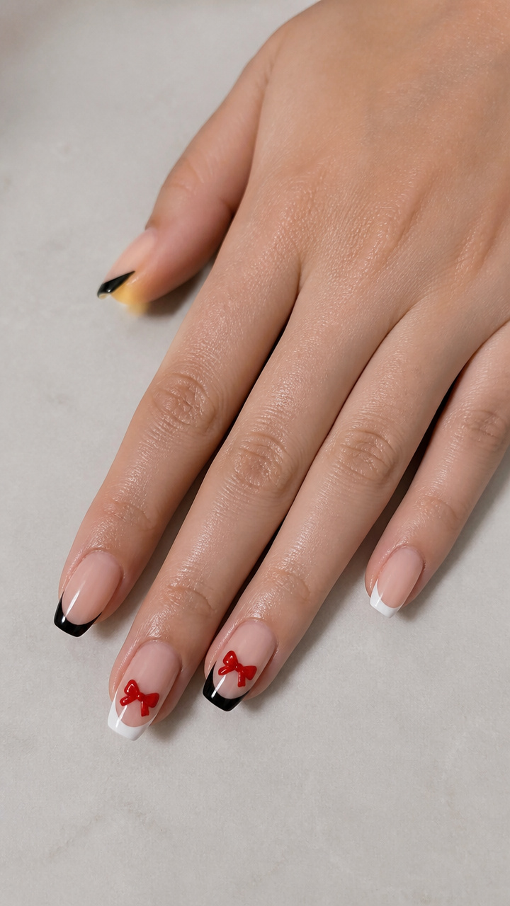 Traditional Black and White French Tips with Red Bow Charms