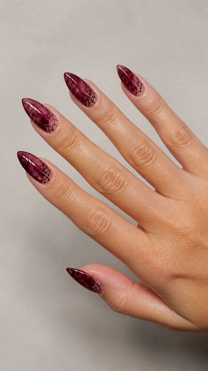 Translucent Berry Almond Nails with Delicate Web Negative Space