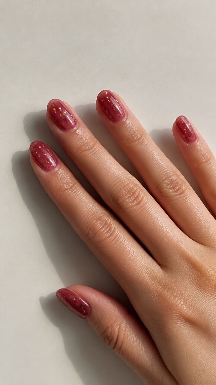 Translucent Berry Jelly Nails with Gold Flakes