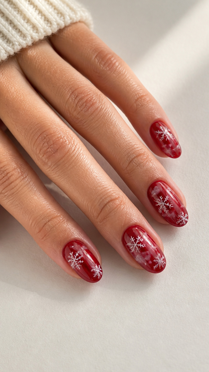 Translucent Cherry Red Nails with White Watercolor Snowflakes