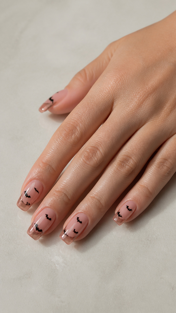 Translucent Jelly French Tips with Floating Black Bats
