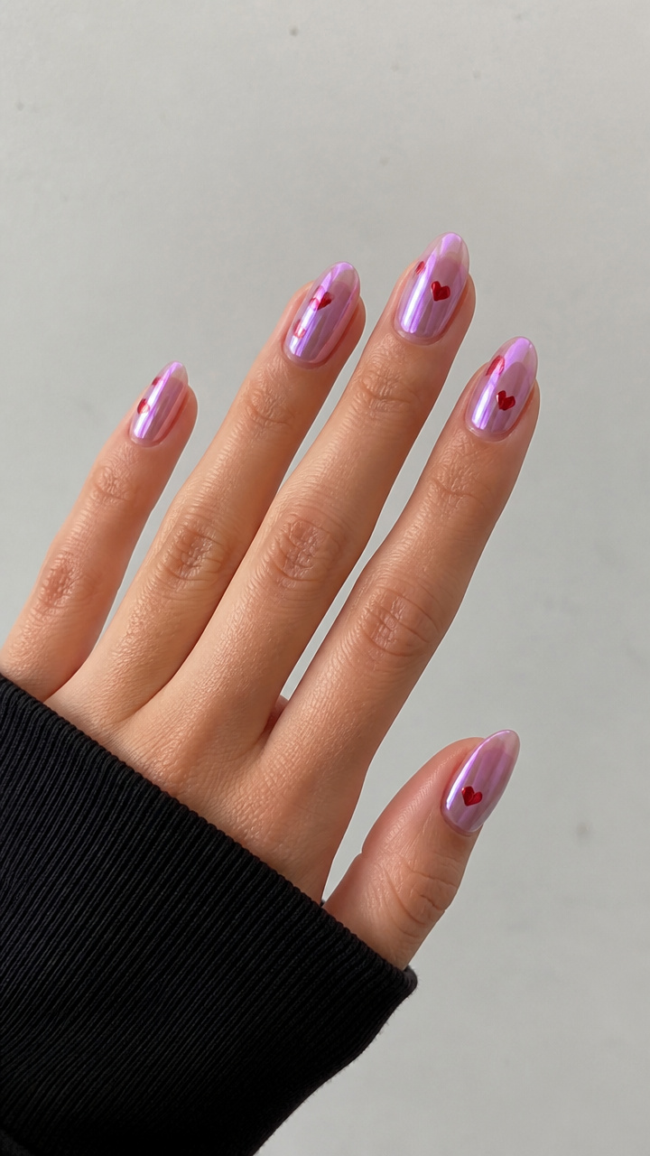 Translucent Lavender Chrome Nails with Floating Red Heart Accents