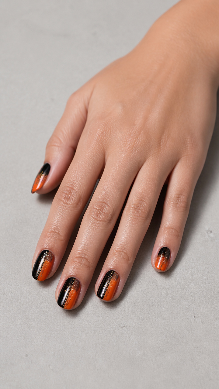 Two-Tone Split Black and Orange Nails with Glitter Gradient