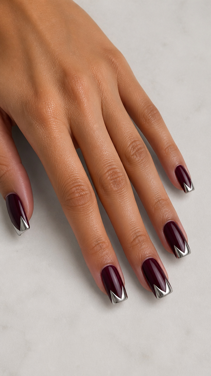 Vampire Fang Chrome Tips on Deep Oxblood Square Nails