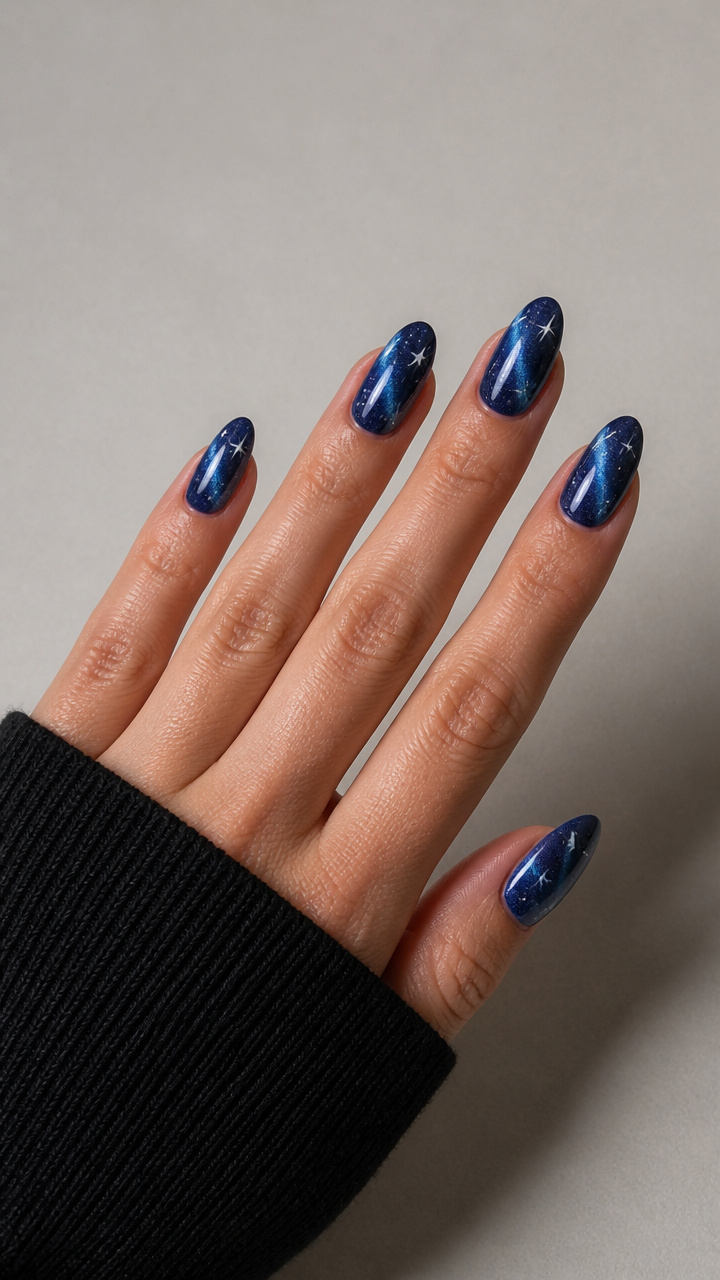 Velvet Blue Cat Eye Nails with Starry Highlights