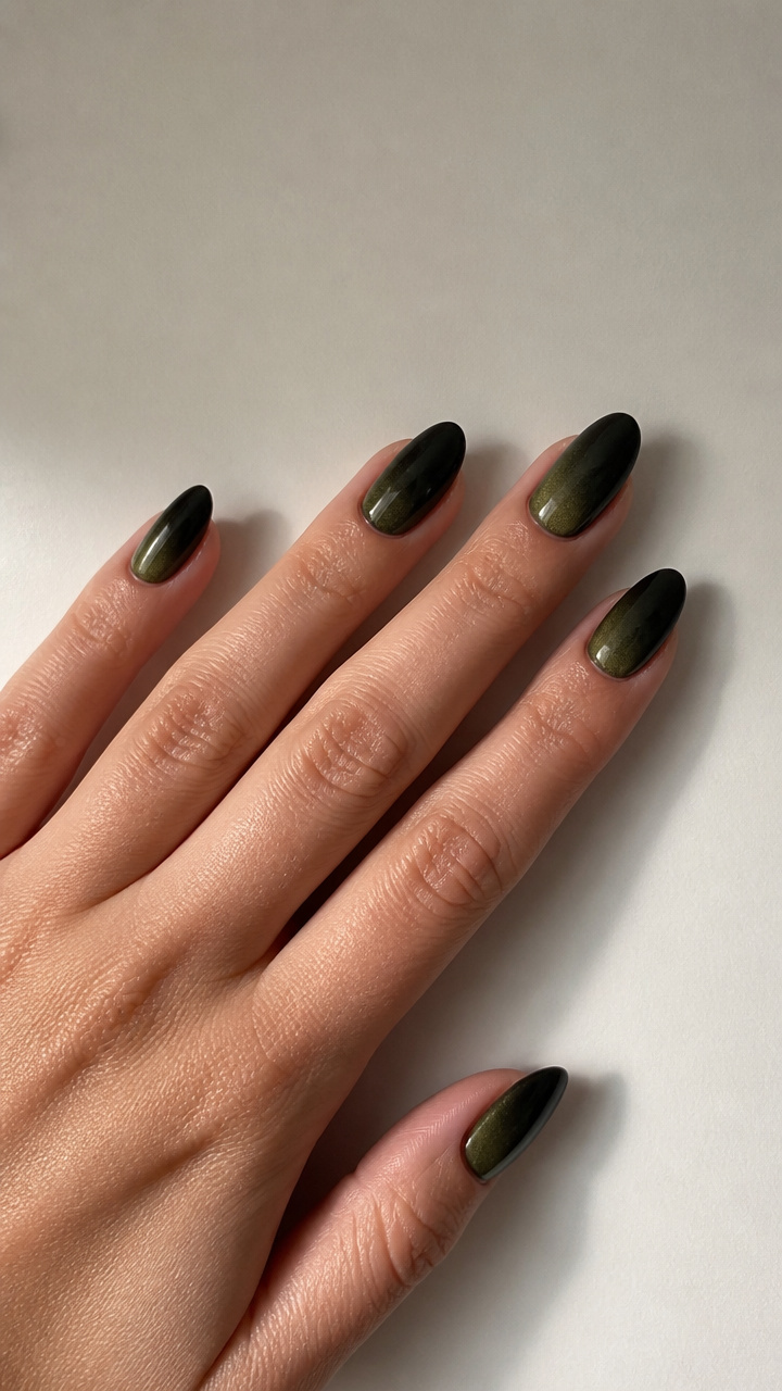 Velvet Moss Green and Black Ombré Almond Nails