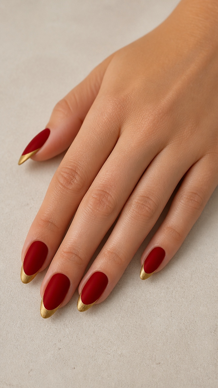 Velvet Red Base with Brushed Gold French Edges