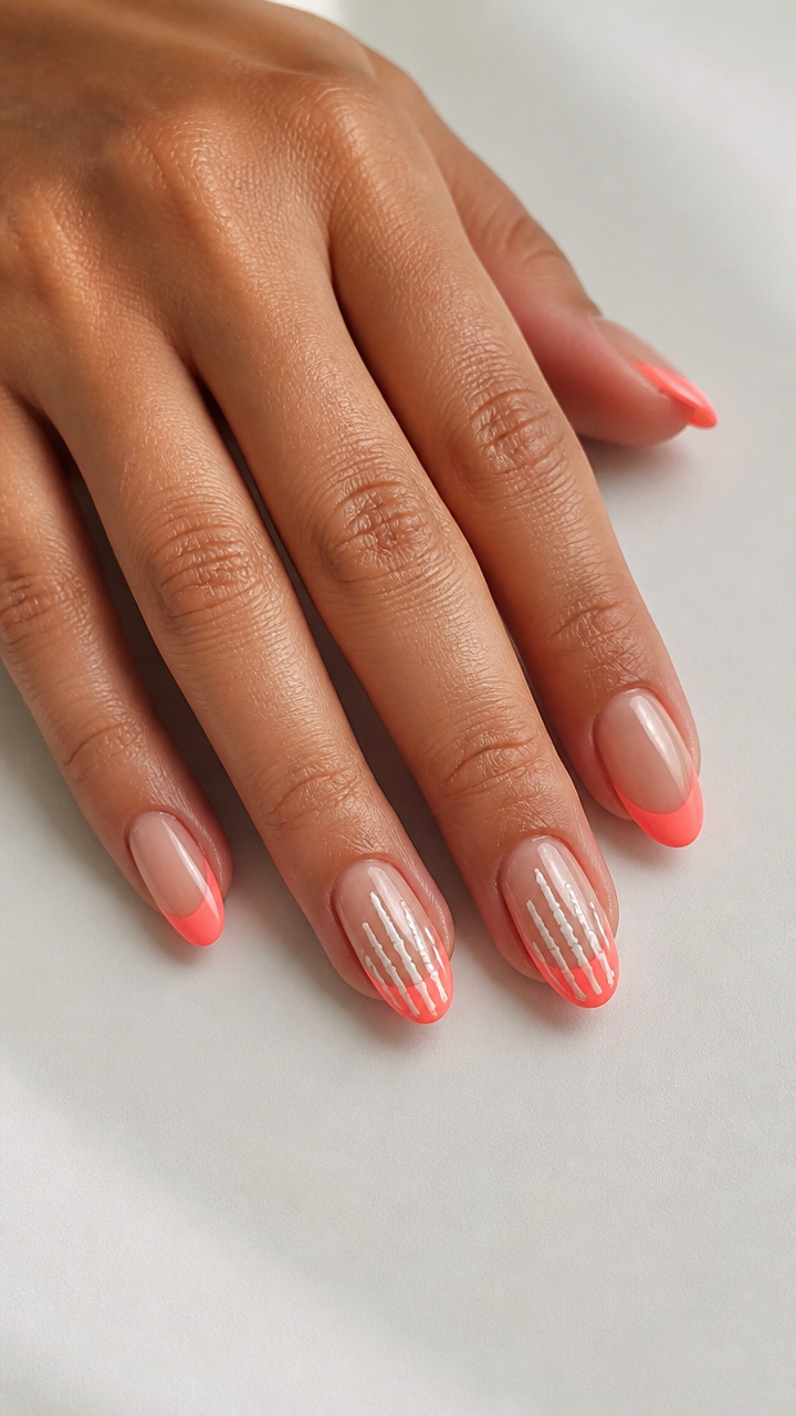 Vibrant Coral Sunset French Tips with Mini Skeleton Fingers