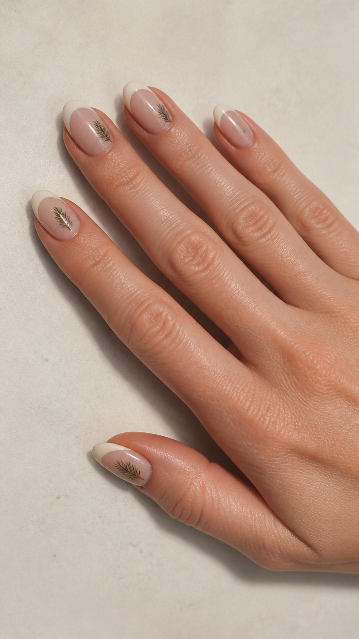Vintage Cream French Tips with Minimalist Pine Branch Art
